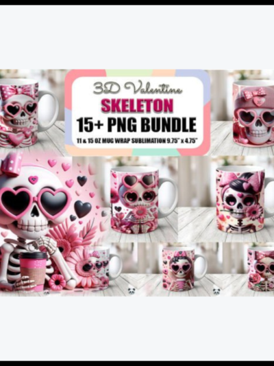 Bundle of 3D Mug Wraps featuring Valentine's Day Skeleton theme