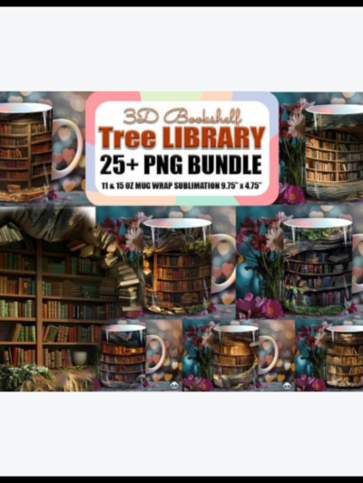 Bundle of 3D Mug Wraps featuring a Bookshelf in a Tree theme