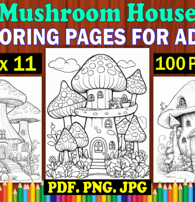 100 Mushroom Houses Adult Coloring Pages