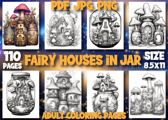 Fairy Houses in Jar Adult Coloring Pages